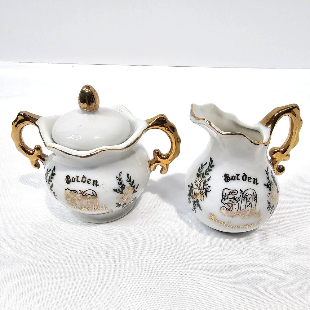 Vintage Olimco Japan Golden 50th Anniversary Porcelain Sugar Bowl Creamer Set